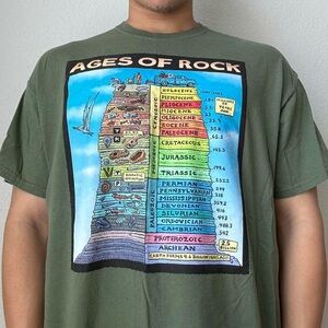 Vintage 2000s Ray Troll Ages of Rock Graphics Green Tee Shirt Y2K